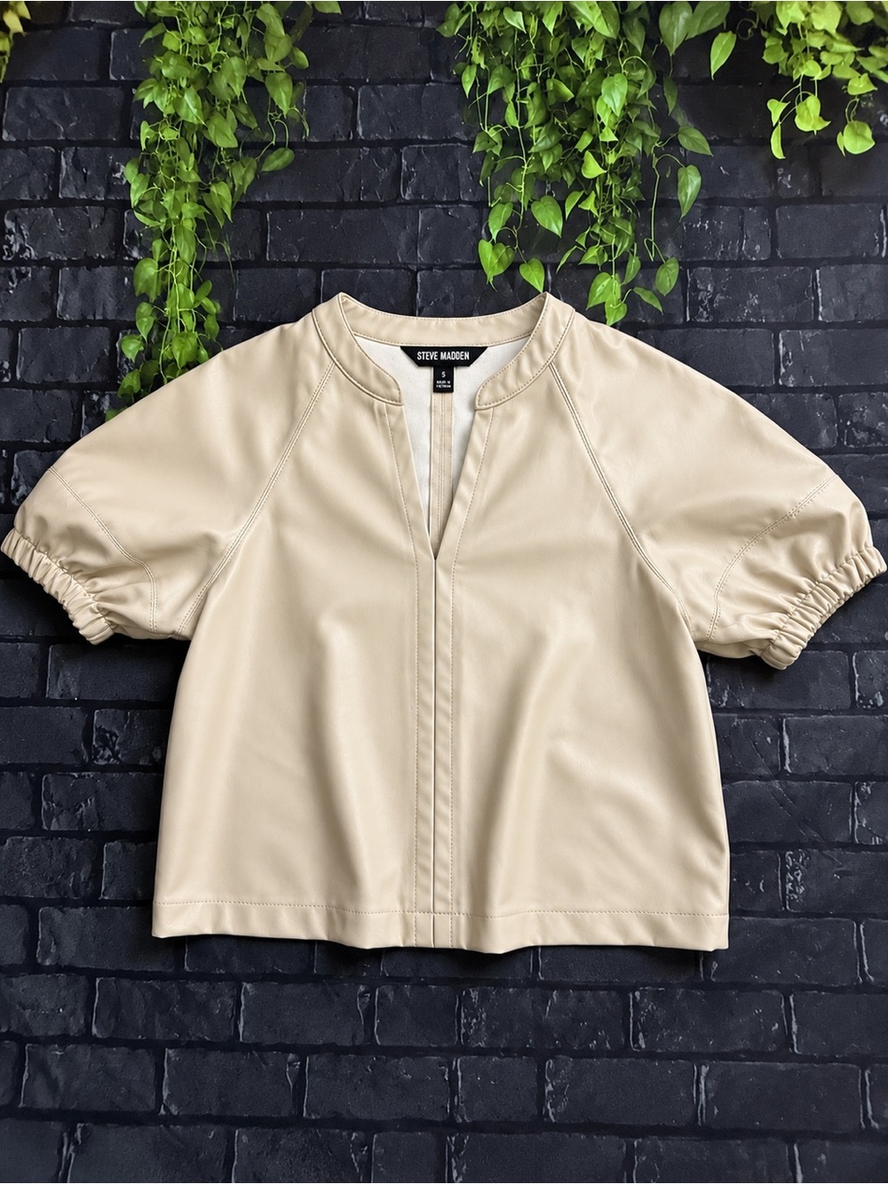 Steve Madden Cream Faux Leather Puff Sleeve Top Size S